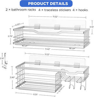 Self Adhesive Shower Shelves, 2 Pack Shower Caddy with 4 Hooks and Soap Holder, Rustproof Stainless Steel Shower Organizer