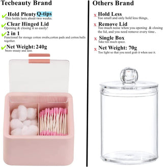 Qtips Storage Organizer - 2 Grids Separate Cotton Swabs Dispenser Qtips Holder Bathroom Canisters with Hinged Lids for Cotton Balls, Cotton Pads, Pink