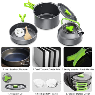 Camping Cookware Set, 10 PCS Camping Cookware Mess Kit Camping Gear with Pot Pans Kettle, Camping Cooking Set for Backpacking Outdoor Camping Hiking Picnic