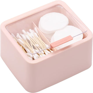 Qtips Storage Organizer - 2 Grids Separate Cotton Swabs Dispenser Qtips Holder Bathroom Canisters with Hinged Lids for Cotton Balls, Cotton Pads, Pink